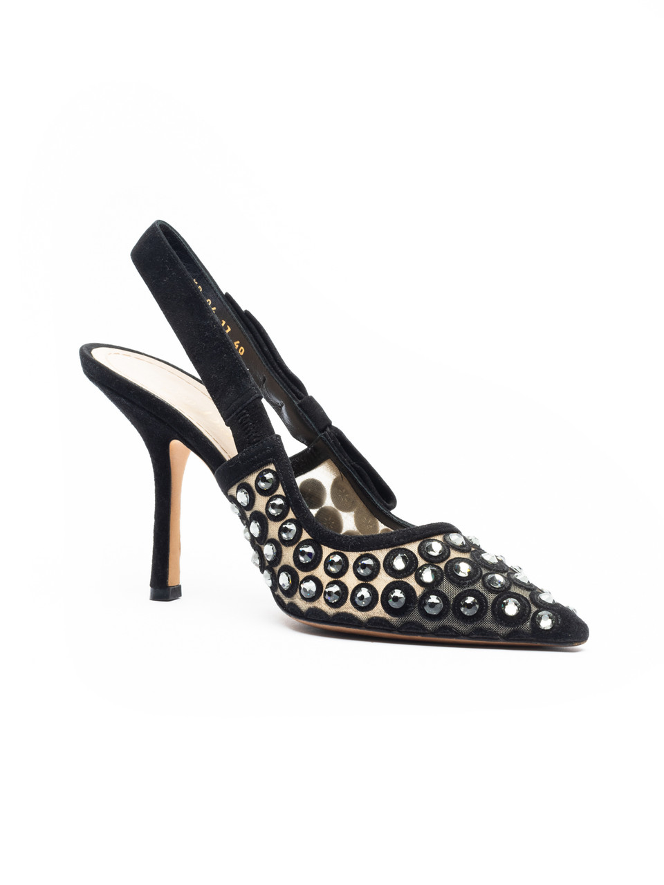 J’ADior Black Suede Mesh Crystal Slingback Heels