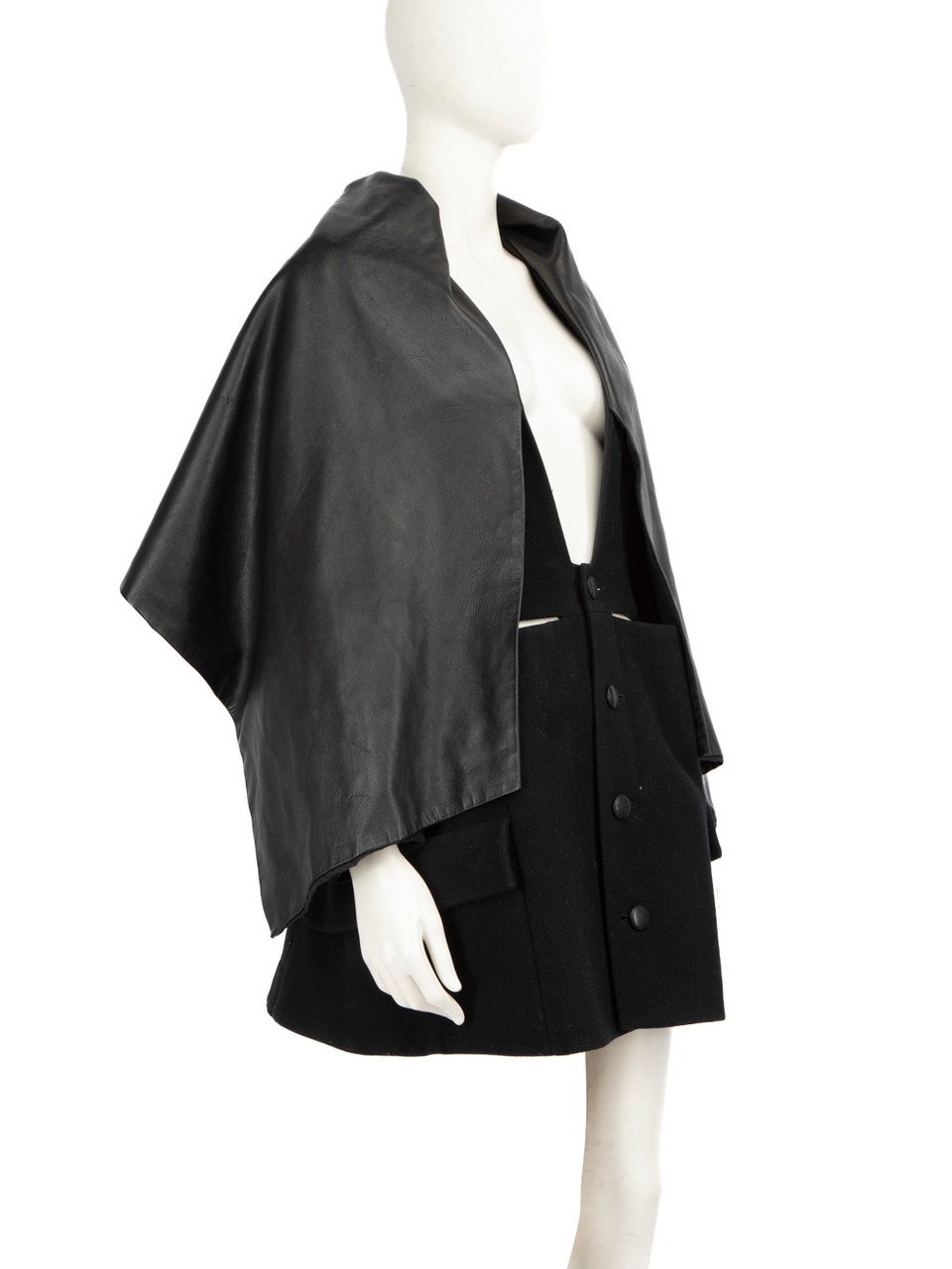 Yohji Yamamoto Black Leather Wrap Collar Wool Coat Yohji Yamamoto Black Leather Wrap Collar Wool Coat