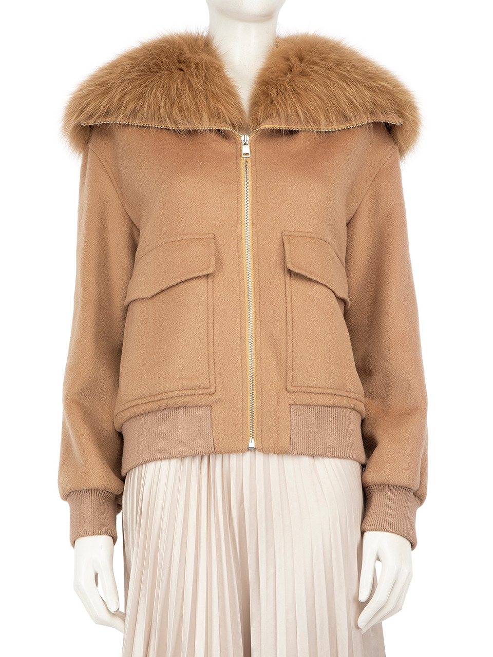 Yves Salomon Brown Wool Fox Fur Collar Jacket