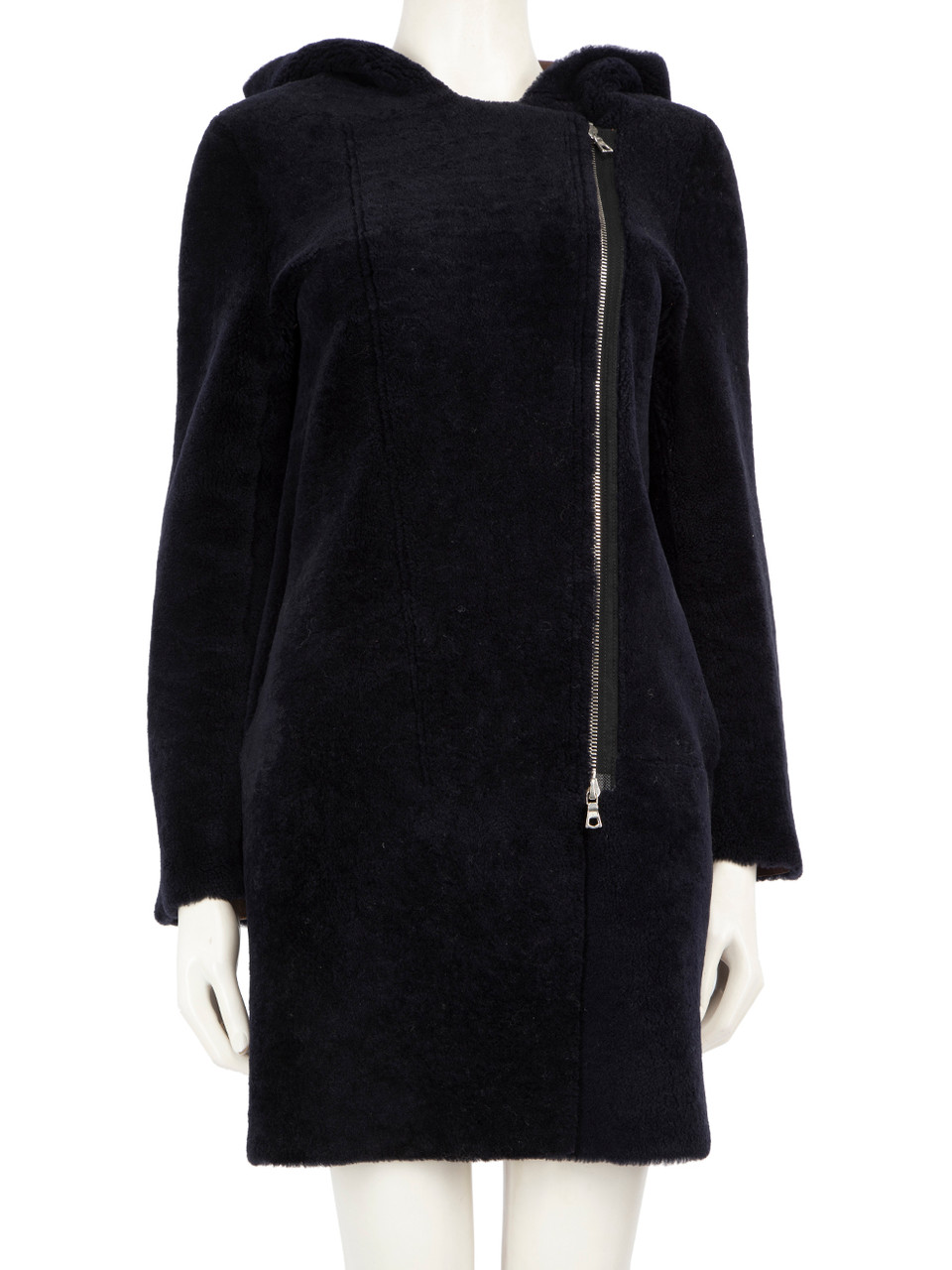 Sandro Brown & Navy Lamb Shearling Reversible Coat