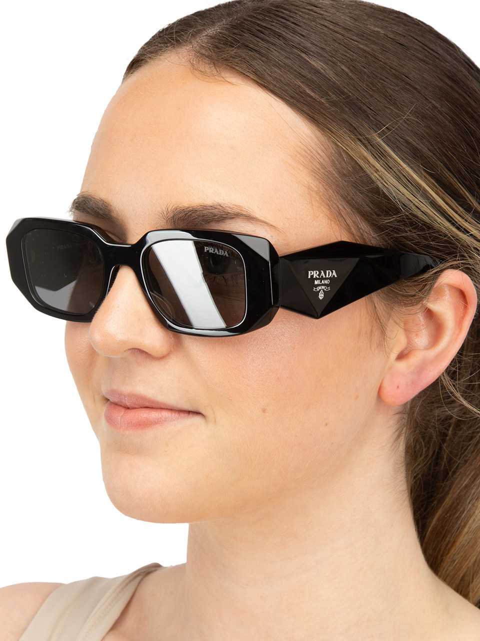 Prada Black Rectangular Grey Tinted Sunglasses