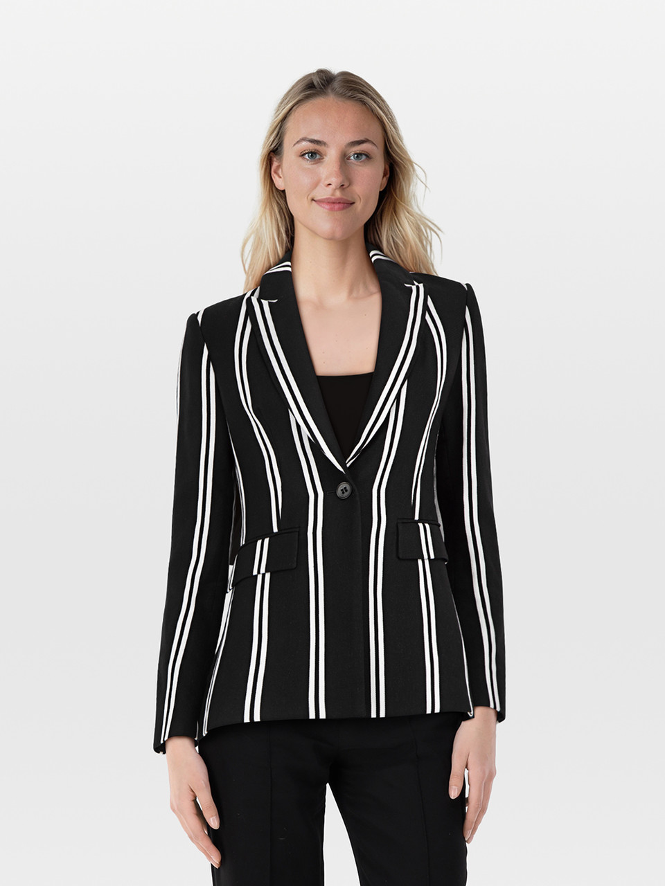 Maje Black & White Striped Pattern Blazer