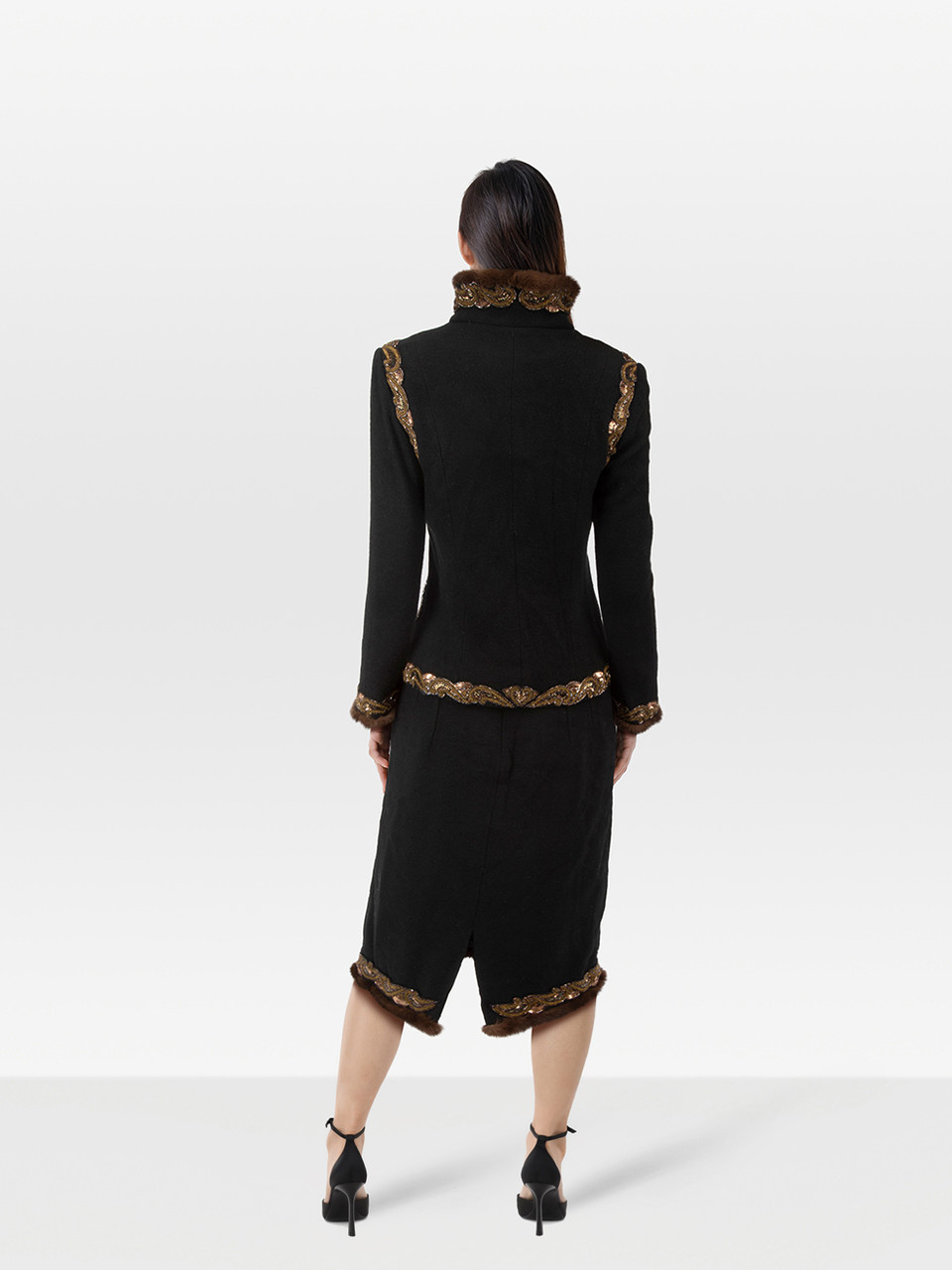 Andrew Gn Black Wool Beaded Mink Fur Trim Set