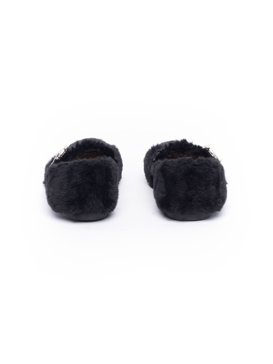 Jimmy Choo Black Faux Fur and Diamant√© Buckle Slippers