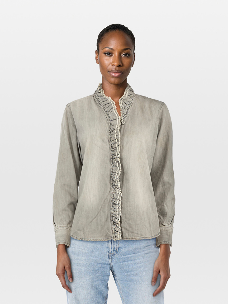 Isabel Marant Grey Ruffle Trim Denim Blouse Isabel Marant Grey Ruffle Trim Denim Blouse