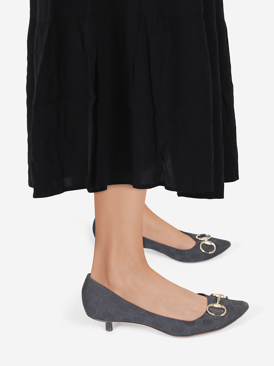 Gucci Black Horsebit Monogram Kitten Pumps