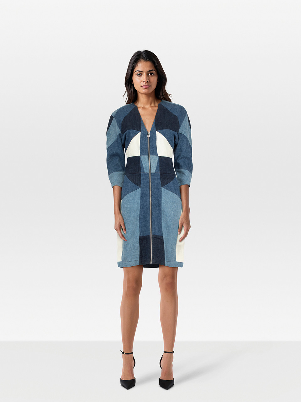 Maje Denim Patchwork V Neck Dress