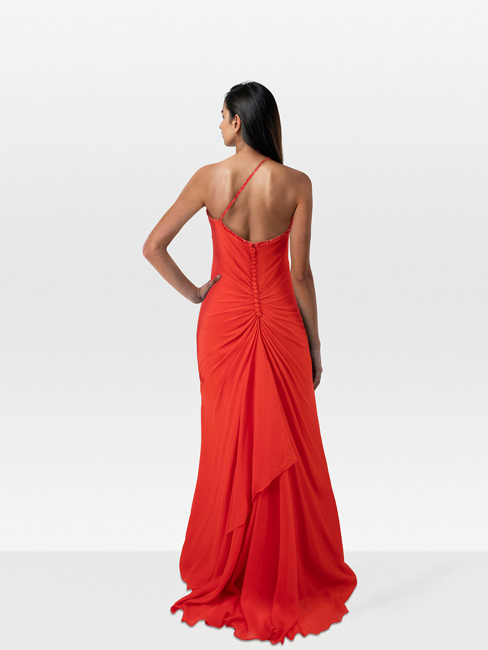 Elie Saab Red Silk Asymmetric Ruched Maxi Dress Elie Saab Red Silk Asymmetric Ruched Maxi Dress