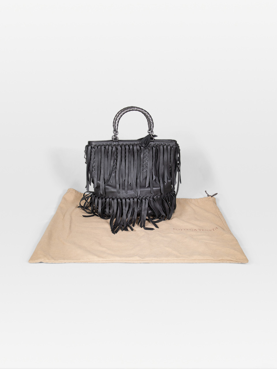 Bottega Veneta Black Leather Fringe Intrecciato Bag