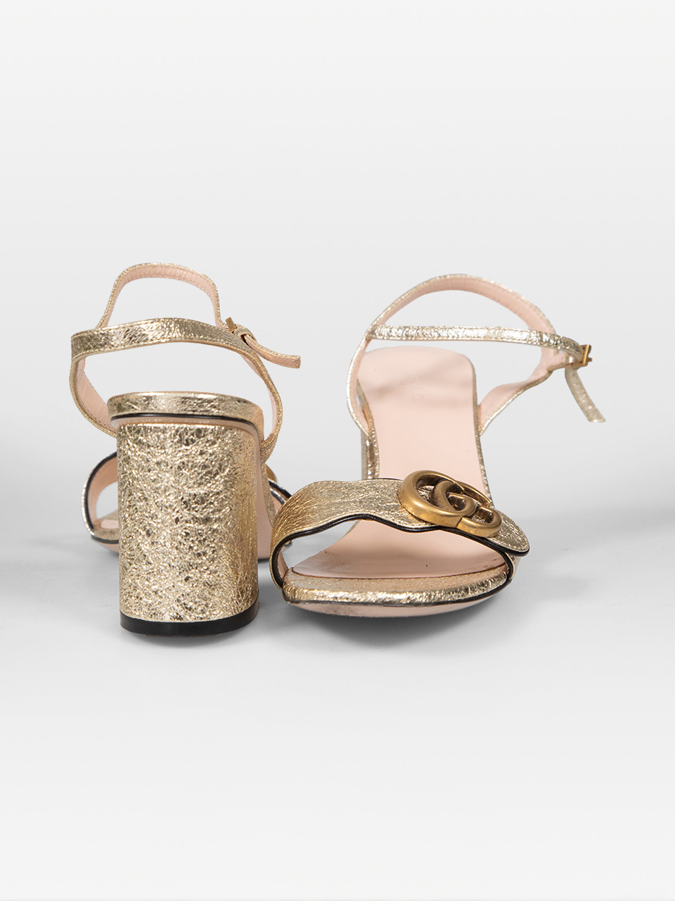 Gucci Gold Textured Leather GG Heel Sandals
