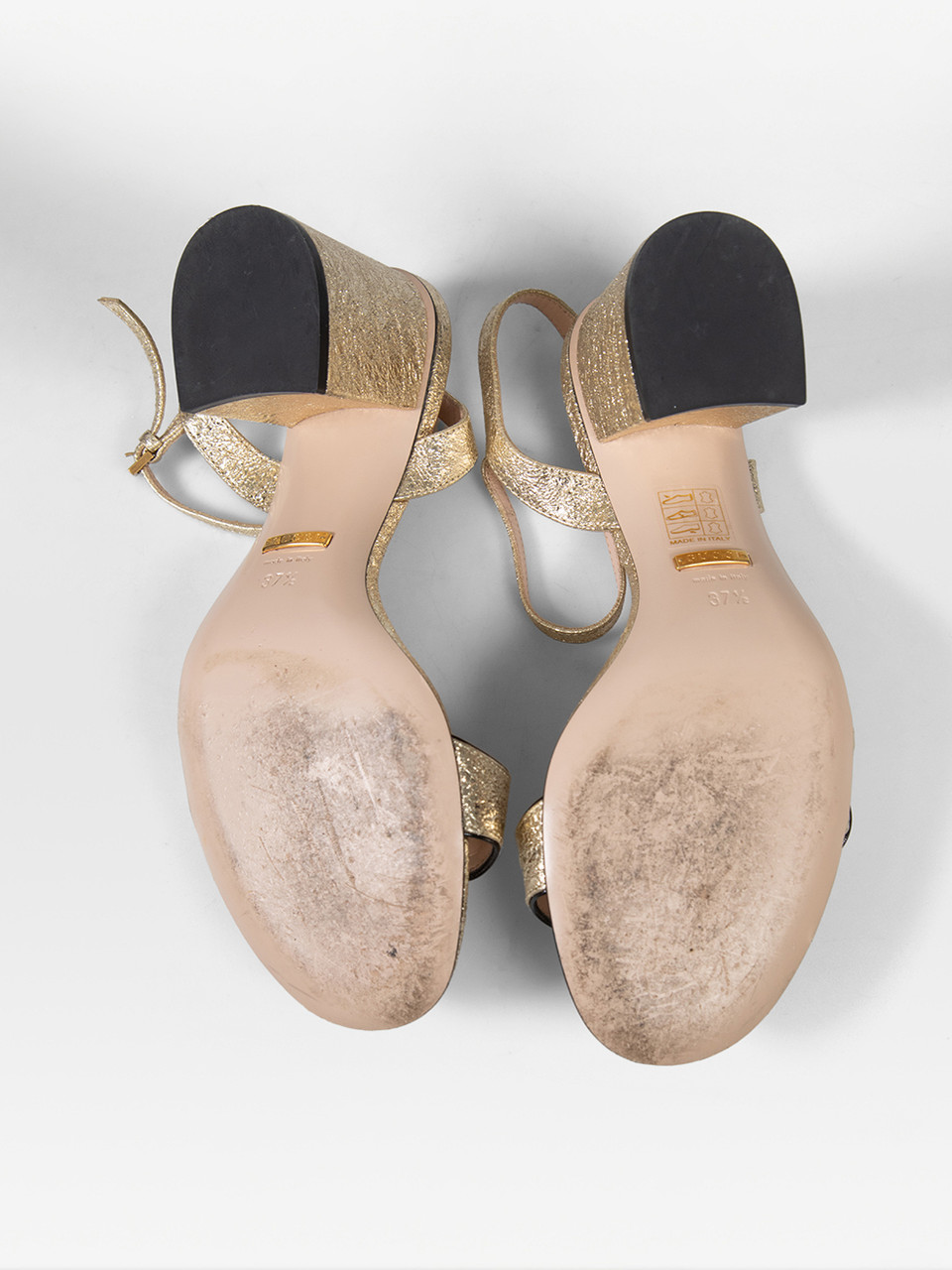 Gucci Gold Textured Leather GG Heel Sandals