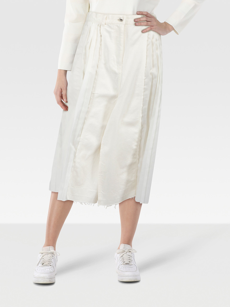 Sacai White Denim Pleated Panel Midi Skirt