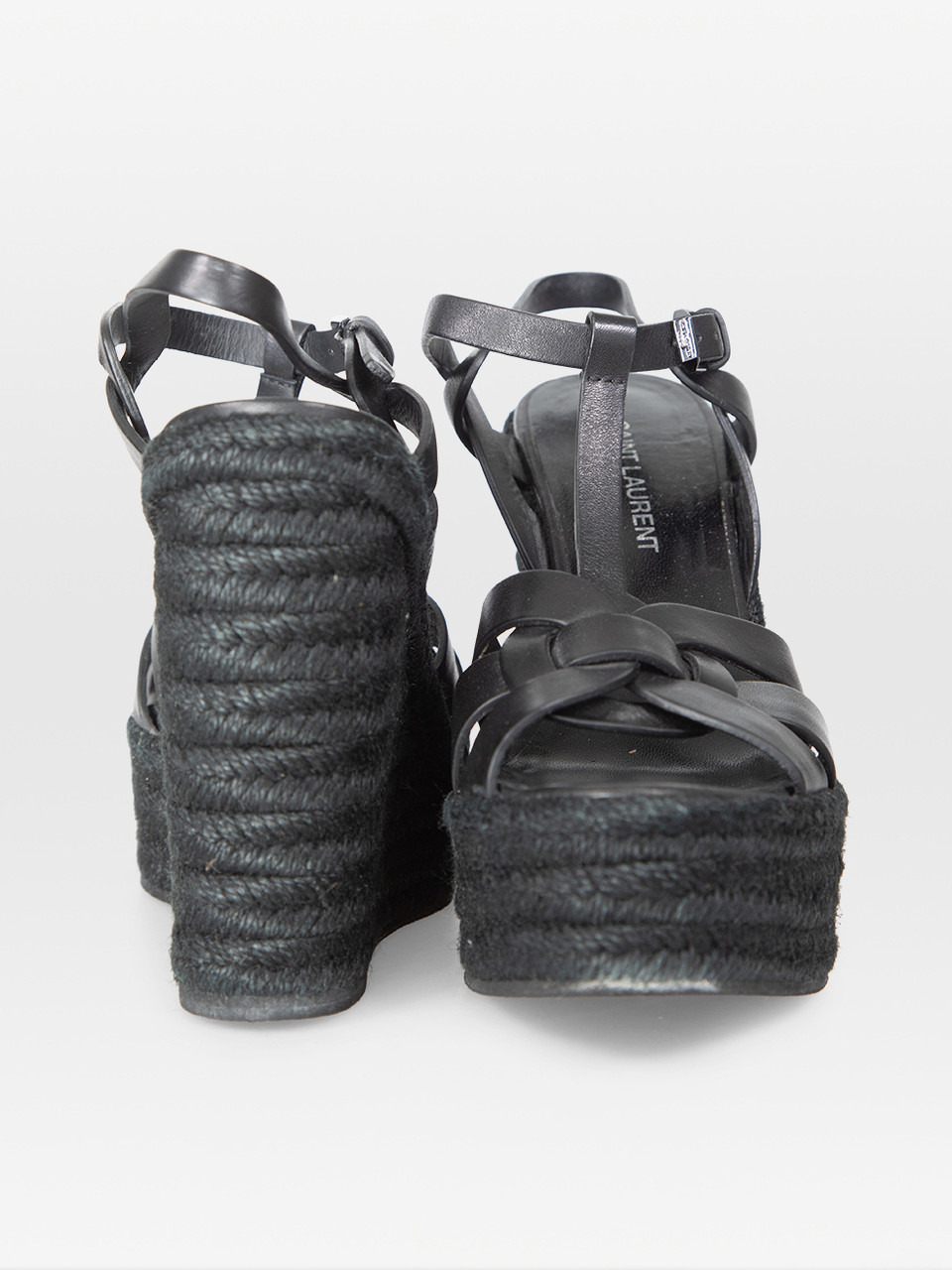 Saint Laurent Black Leather Tribute Wedge Sandals