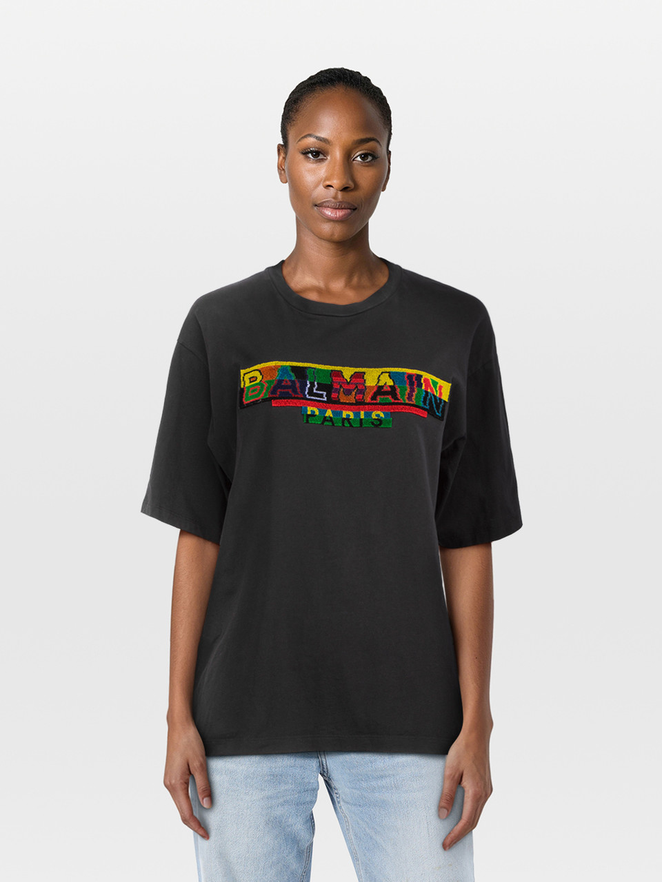 Balmain Black Logo Embroidered Front T-Shirt