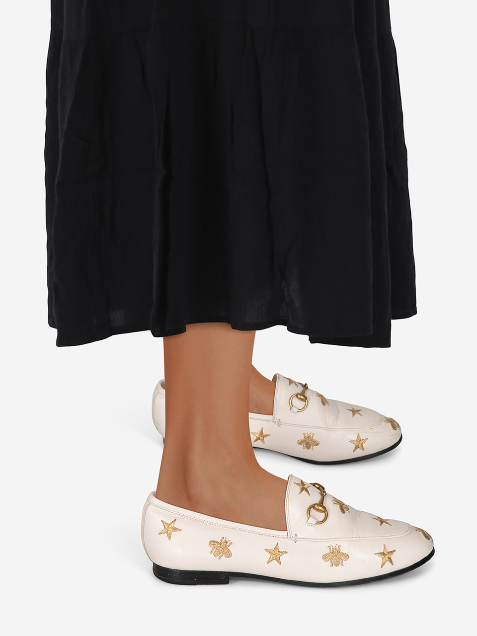 Gucci Ecru Leather Star & Bee Embroidered Loafers