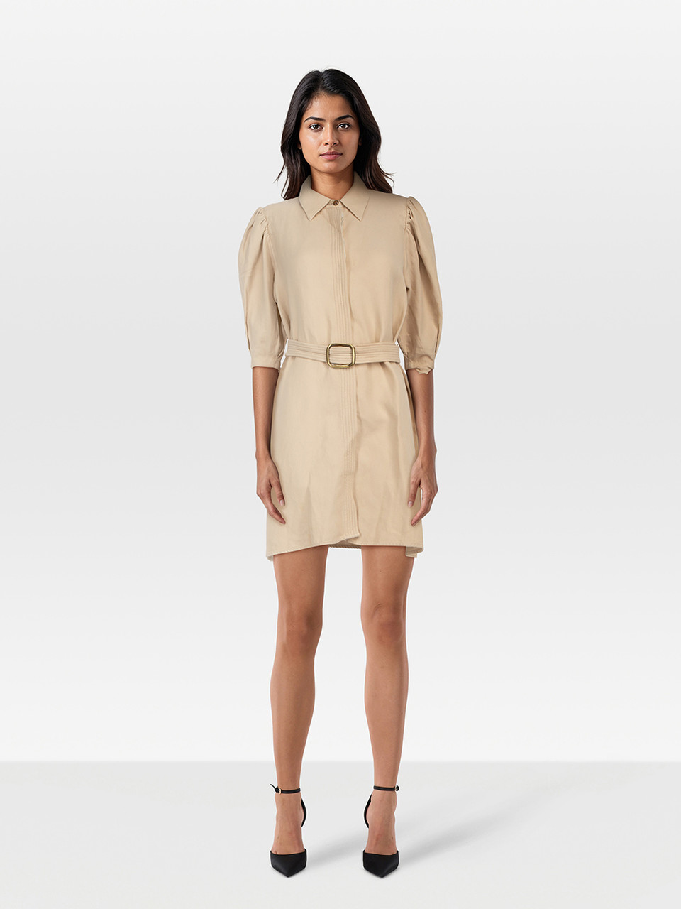 Sandro Beige Collared Belted Dress
