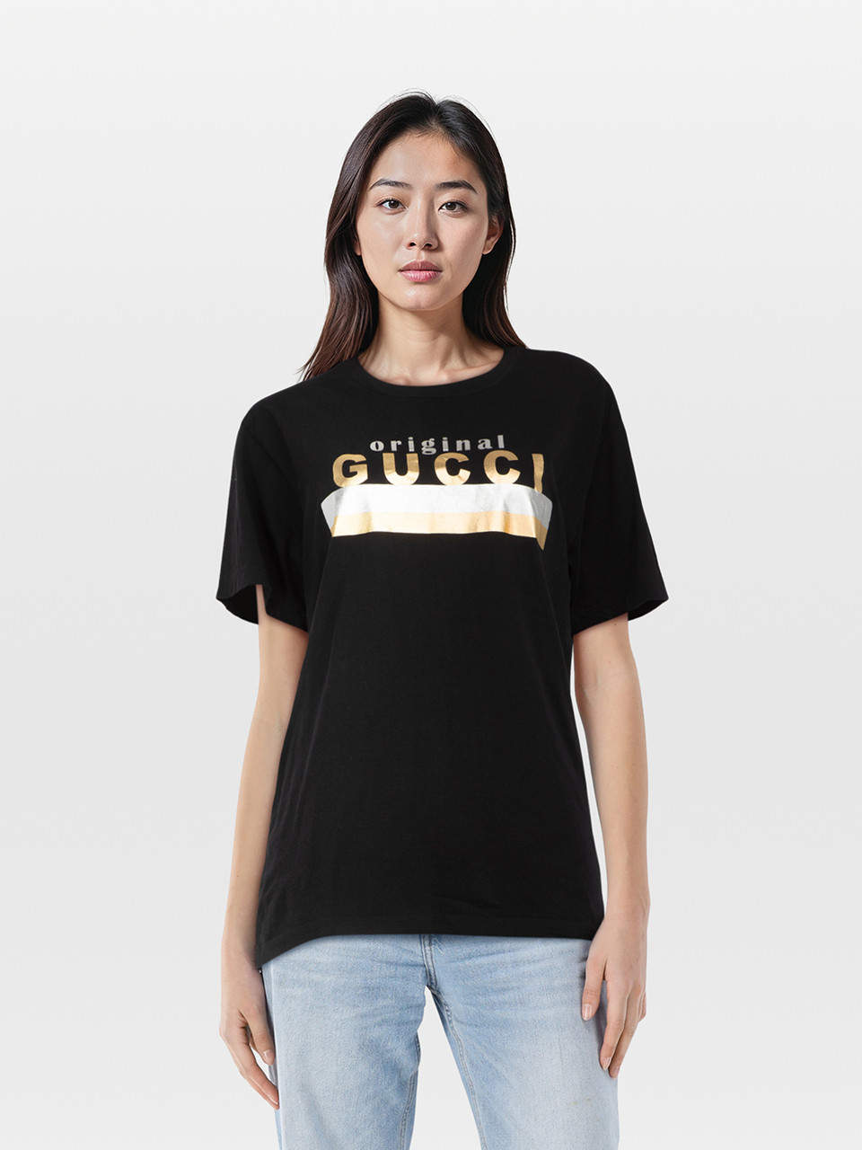 Gucci Black Metallic Logo Short Sleeve T Shirt