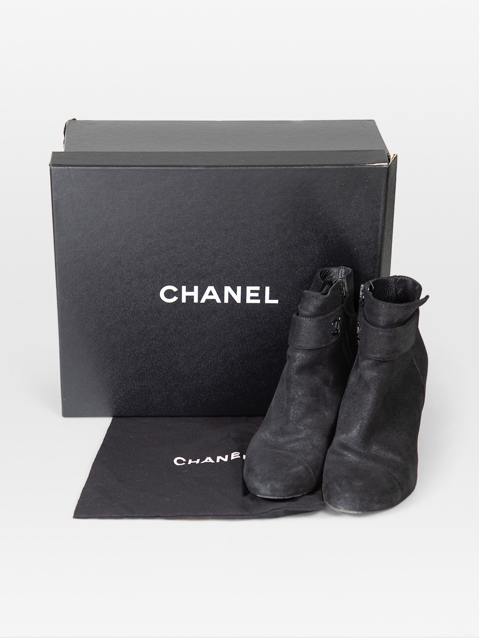 Chanel Black Suede CC Heeled Ankle Boots