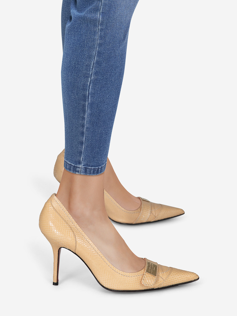 Dolce & Gabbana Beige Snakeskin Pointed Logo Heels