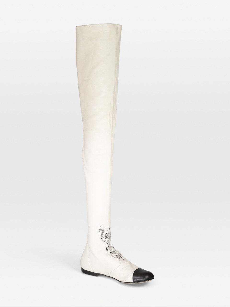 Chanel White Leather Thigh High Cap Toe Boots