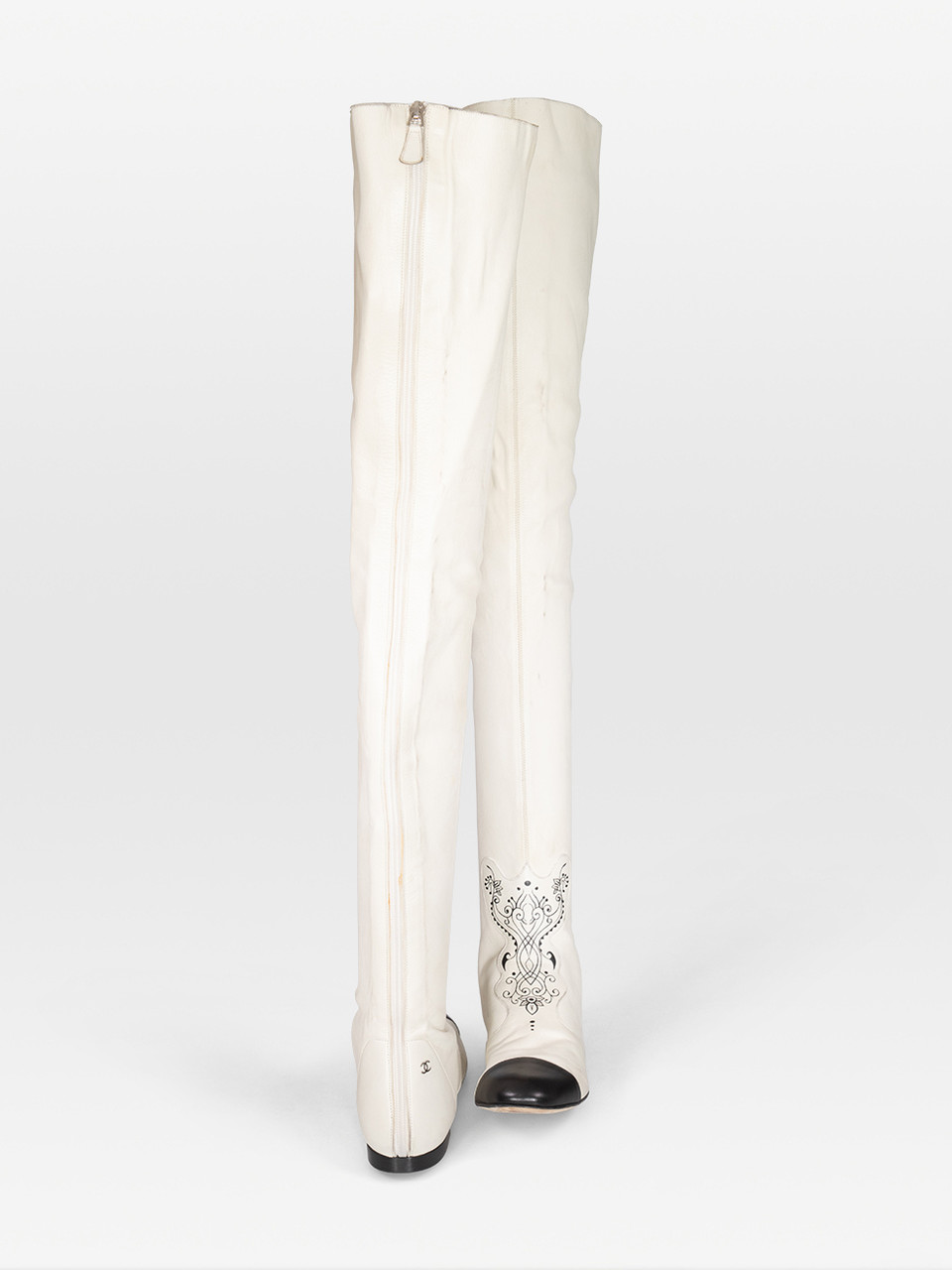 Chanel White Leather Thigh High Cap Toe Boots