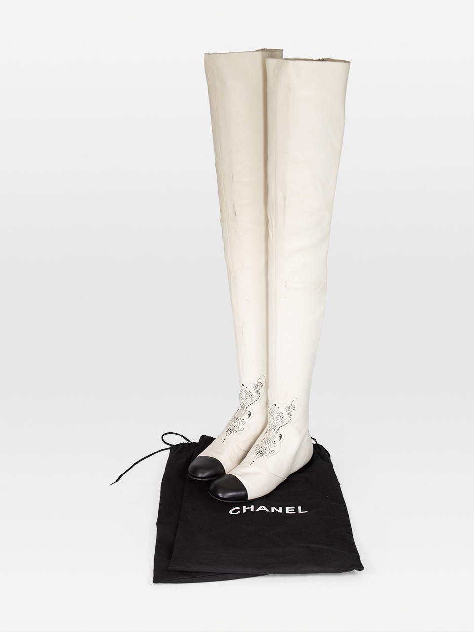 Chanel White Leather Thigh High Cap Toe Boots