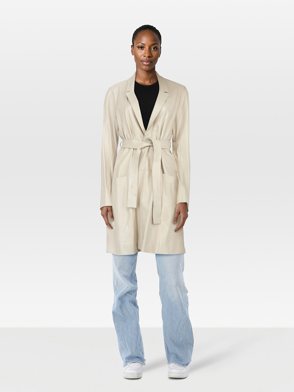Rozae Nichols Ecru Leather Belted Mid Length Coat