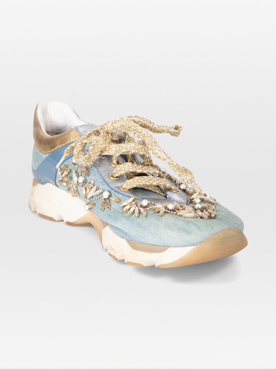 Rene Caovilla Blue Denim Embellished Trainers
