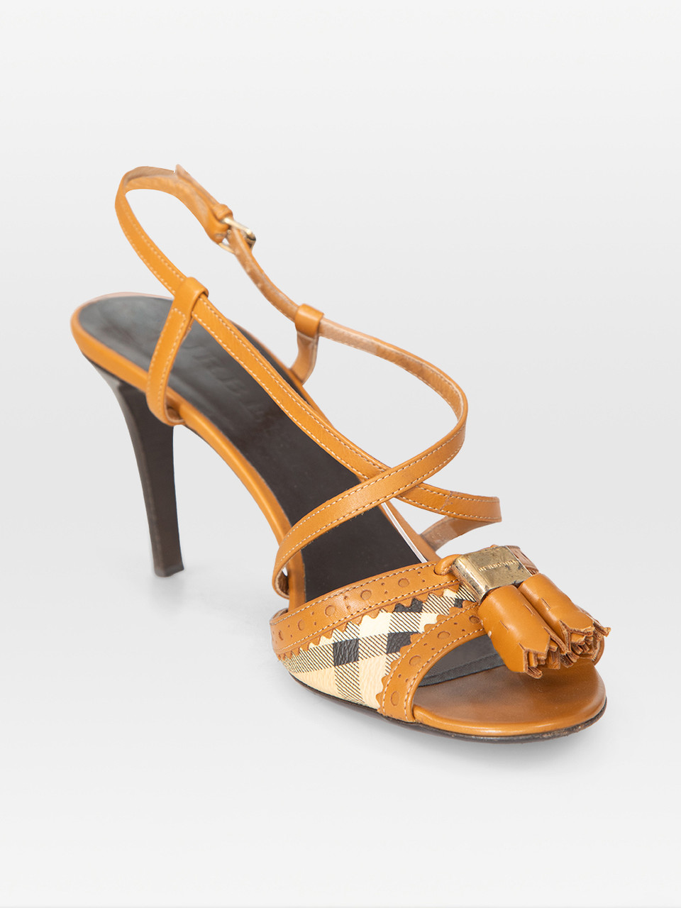 Burberry Brown Leather Sling Back Nova Check Heels