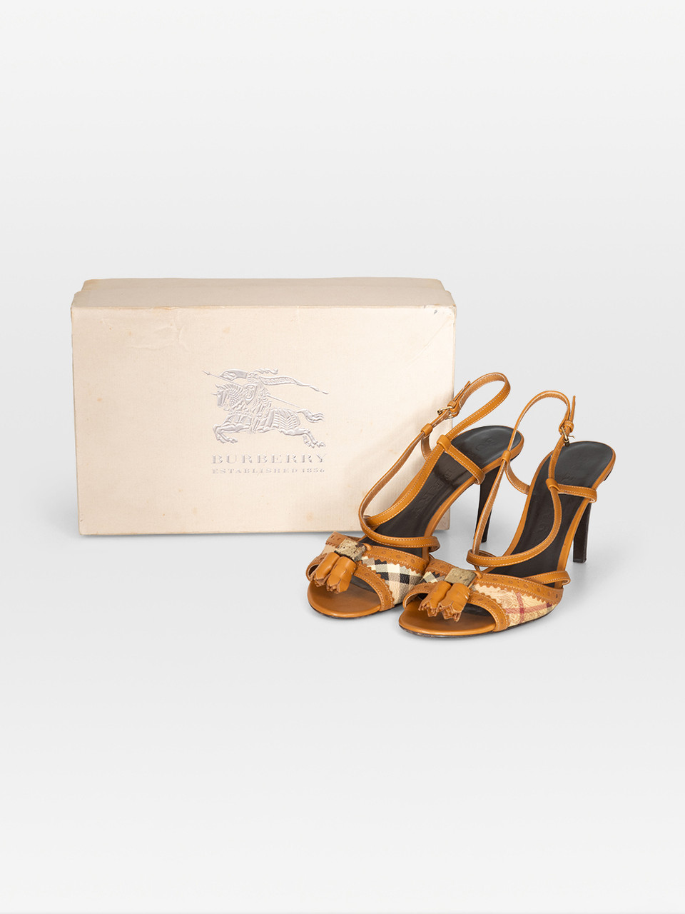 Burberry Brown Leather Sling Back Nova Check Heels