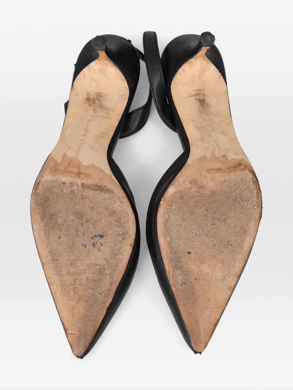 Manolo Blahnik Black Leather Slingback Kitten Heels