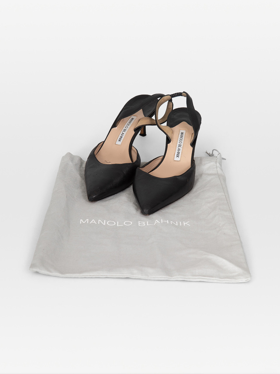 Manolo Blahnik Black Leather Slingback Kitten Heels