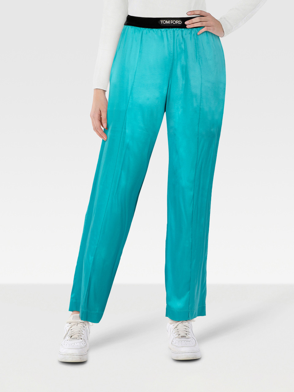 Tom Ford Blue Silk Logo Band Straight Leg Trousers