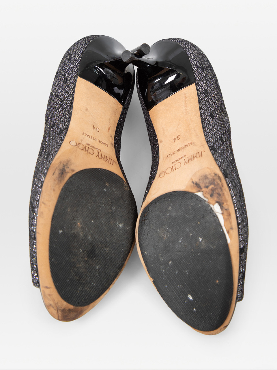 Jimmy Choo Silver Peep Toe Glitter Heels