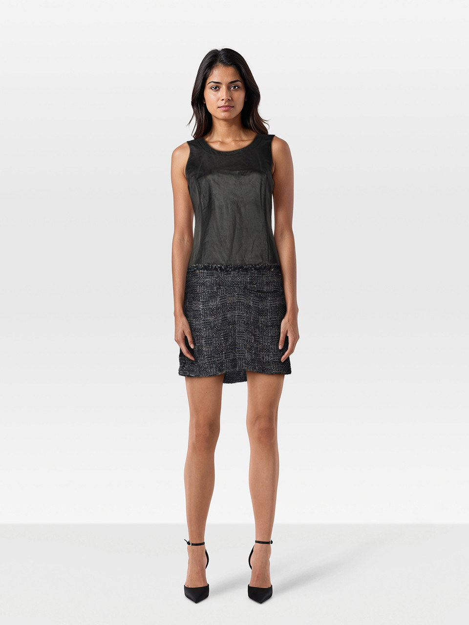 Theyskens Theory Black Leather & Navy Tweed Dress