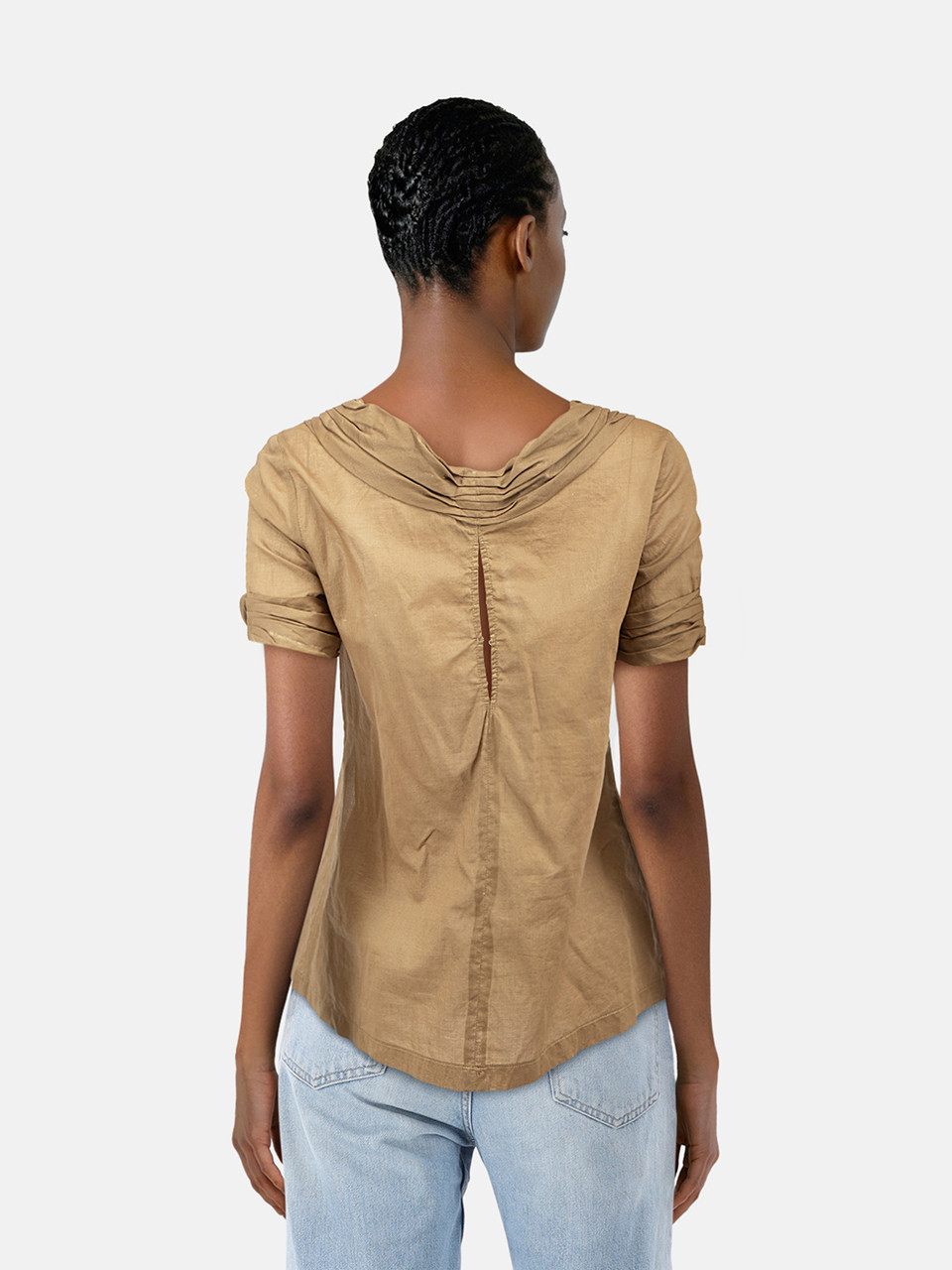 Vera Wang Khaki Ruched Detail Sheer Top