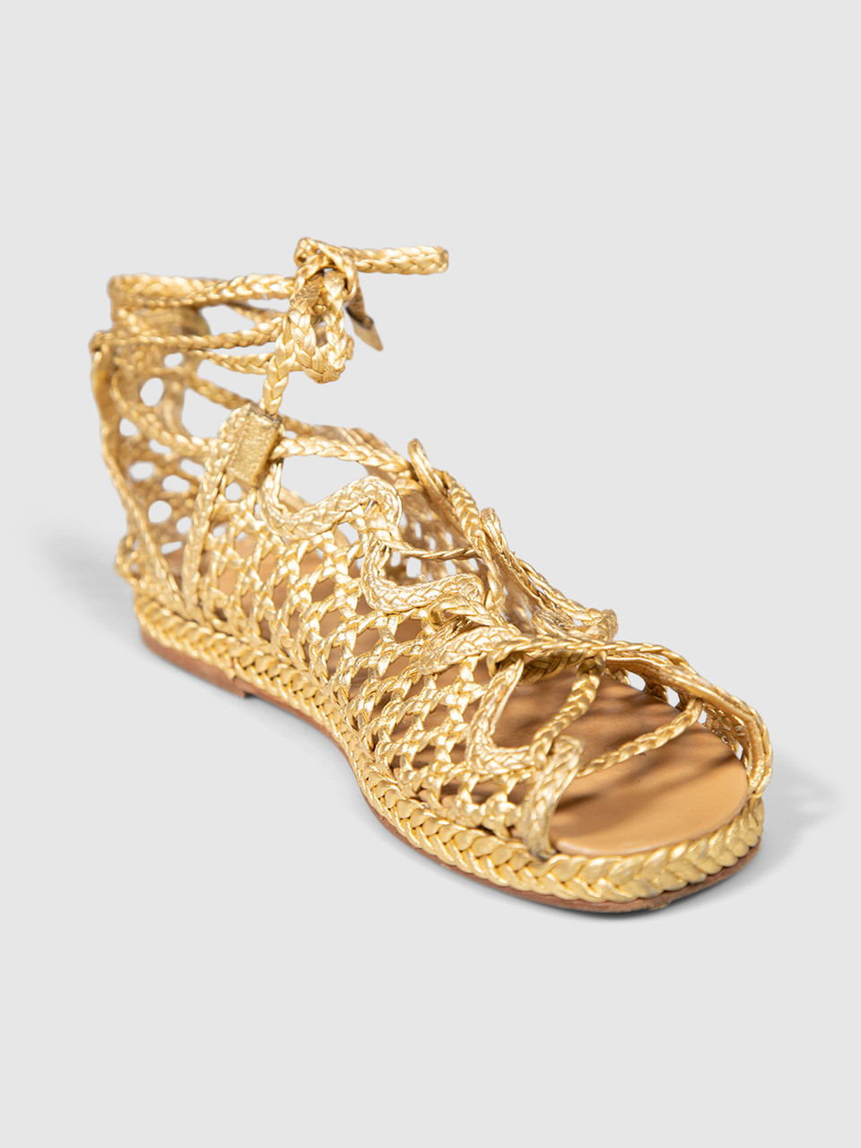 Hermès Gold Leather Woven Ankle Wrap Sandals