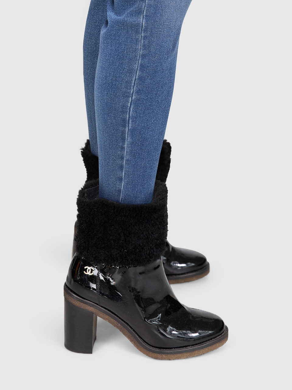 Chanel Black Patent & Shearling CC Boots Chanel Black Patent & Shearling CC Boots