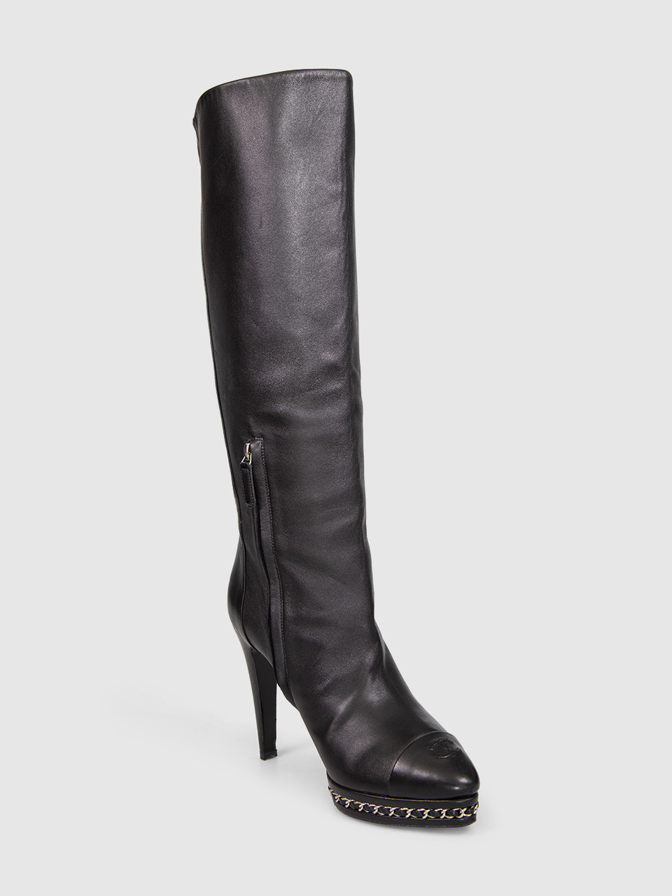 Chanel Black Leather Knee High Chain Boots