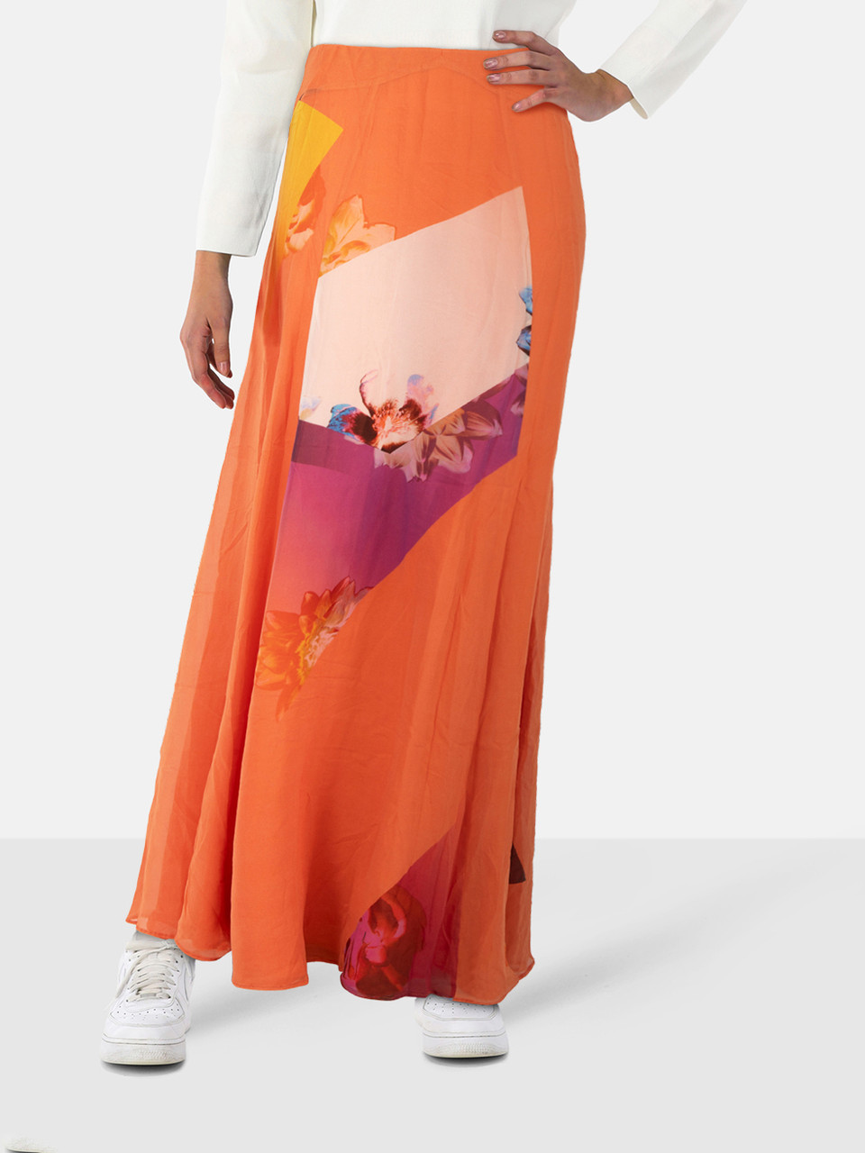 Etro Orange Silk Floral Maxi Skirt
