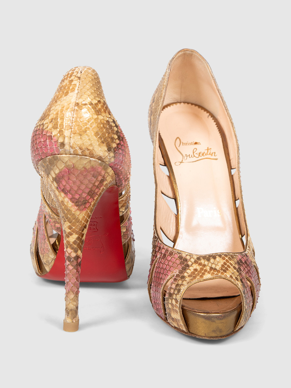 Christian Louboutin Snakeskin Cut Out Peep Toe Heels