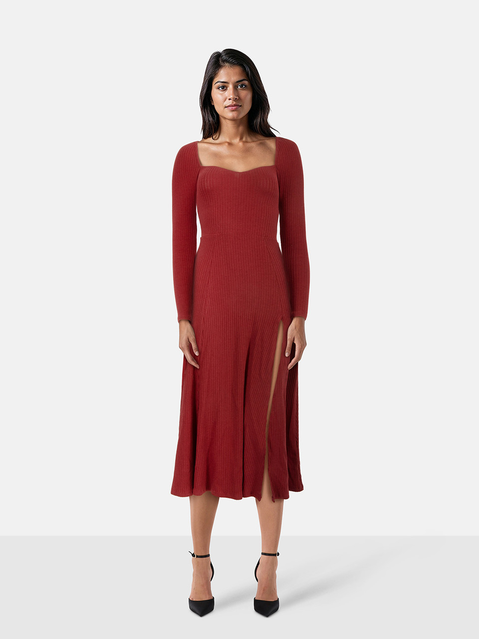 Reformation Red Banks Ribbed Long Sleeve Midi Dress