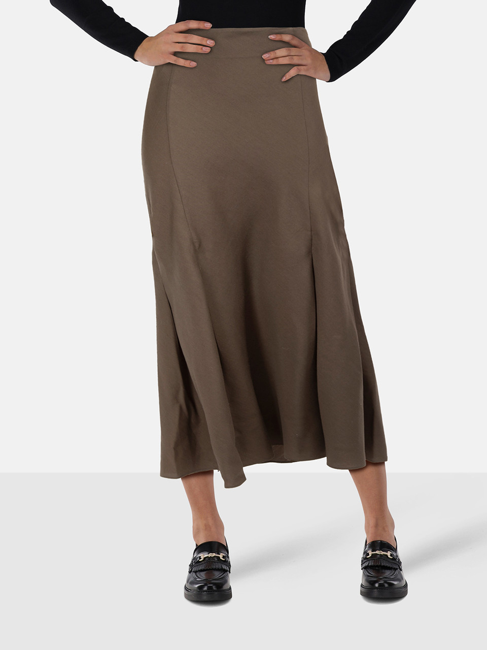 Khaite Khaki Wool Pleated Midi Skirt