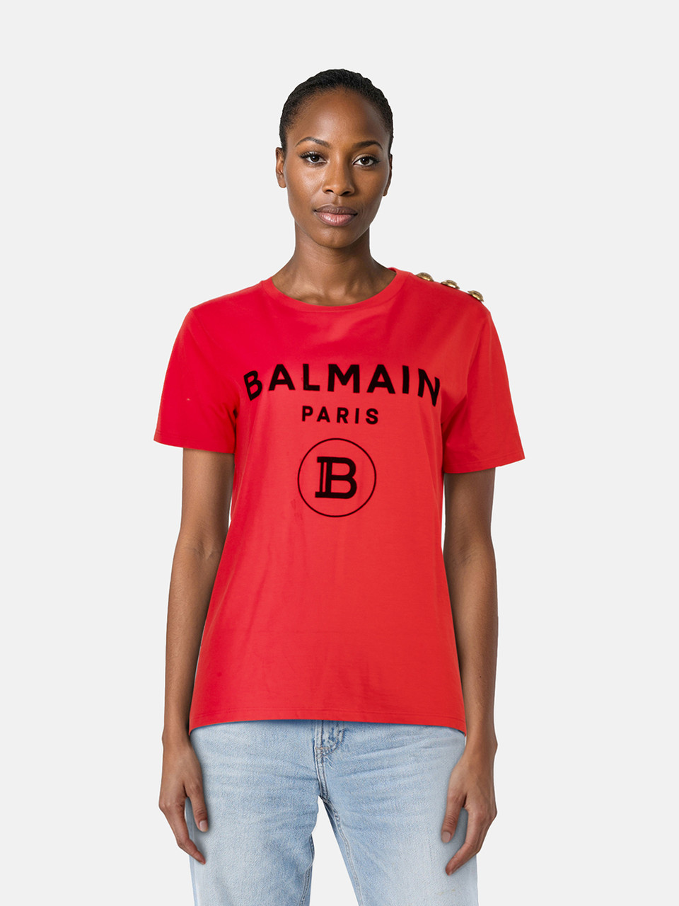 Balmain Red Logo & Button Detail T-shirt