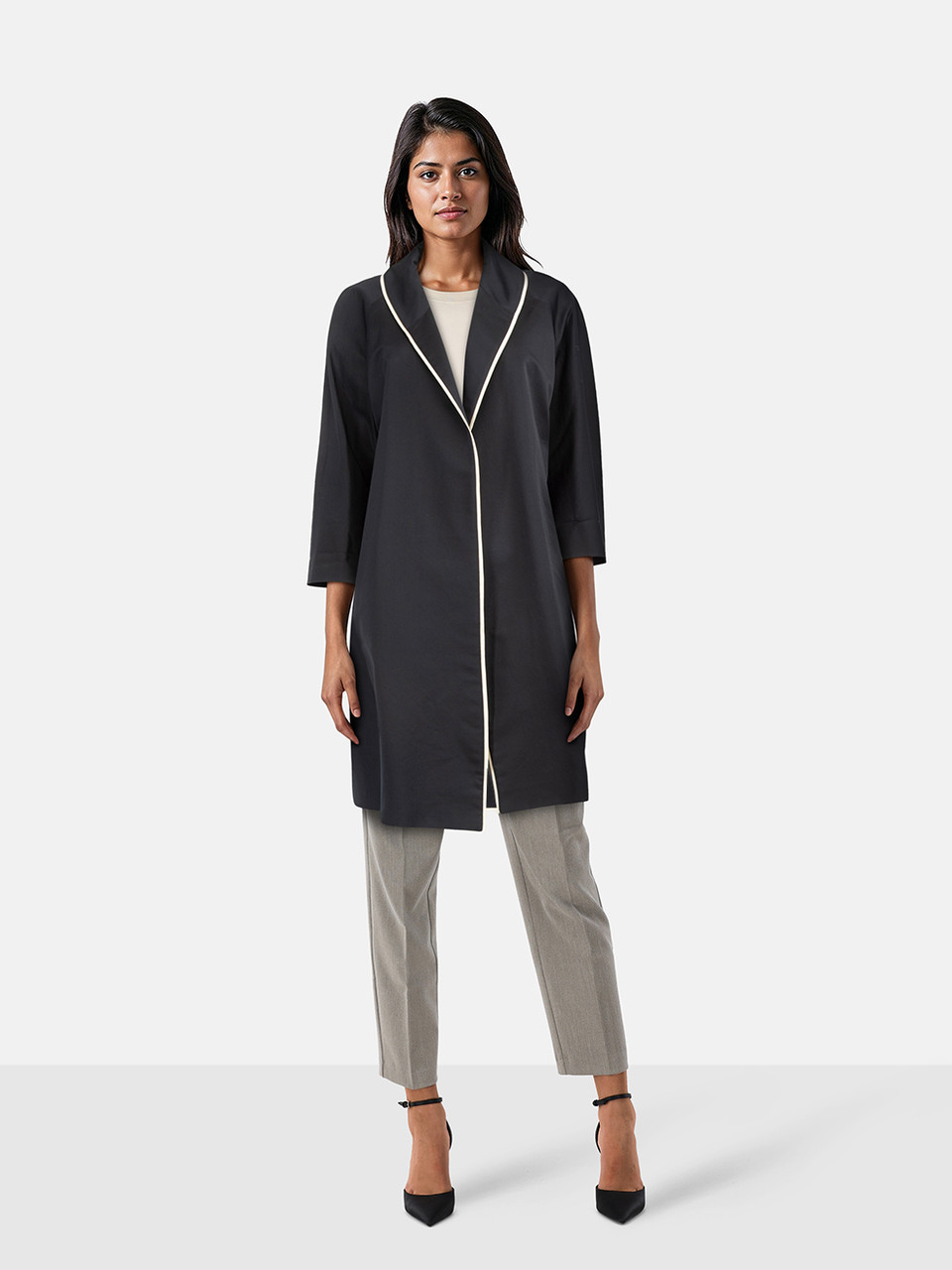 Prada Black Wool Contrast Trim Open Front Coat