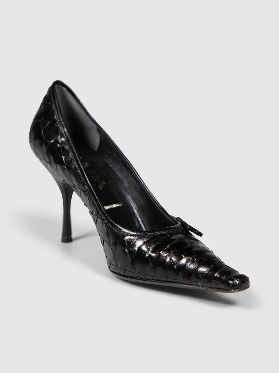 Prada Black Leather Woven Pointed Toe Pumps