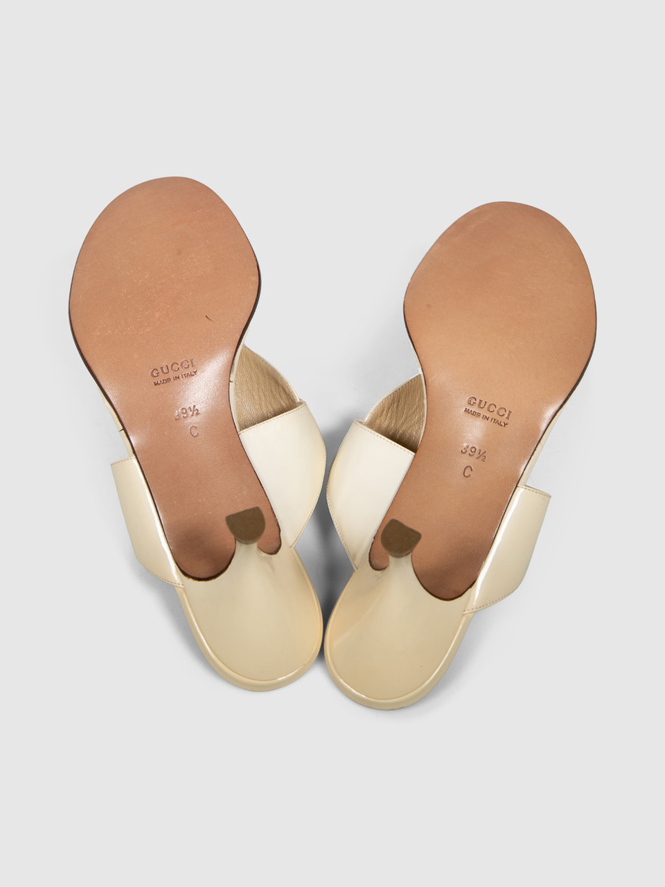 Gucci Ecru Patent Horsebit Thong Sandals