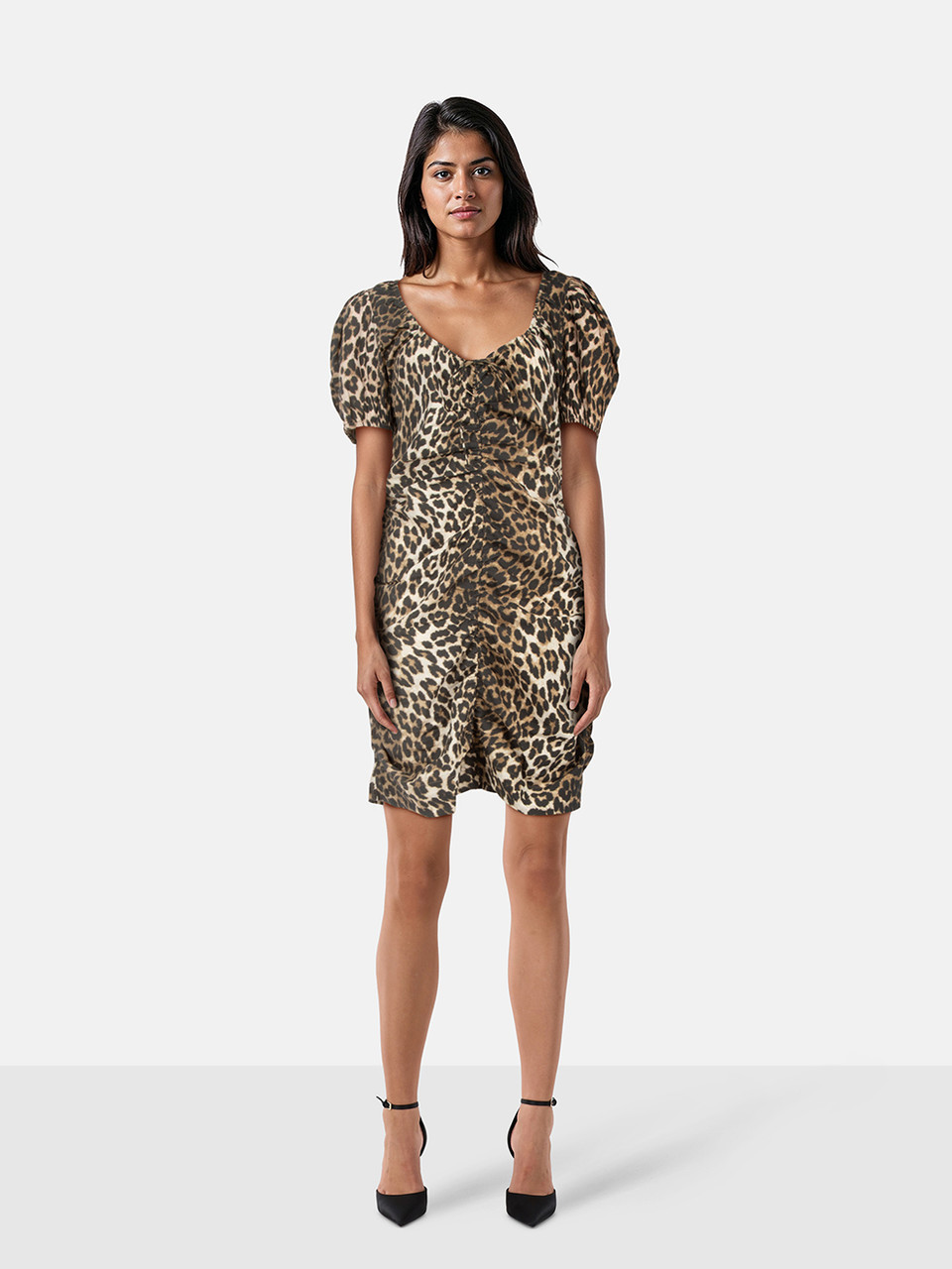 Ganni Leopard Print Puff Sleeve Dress