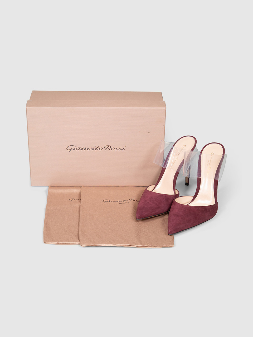 Gianvito Rossi Burgundy Suede PVC Strap Mules