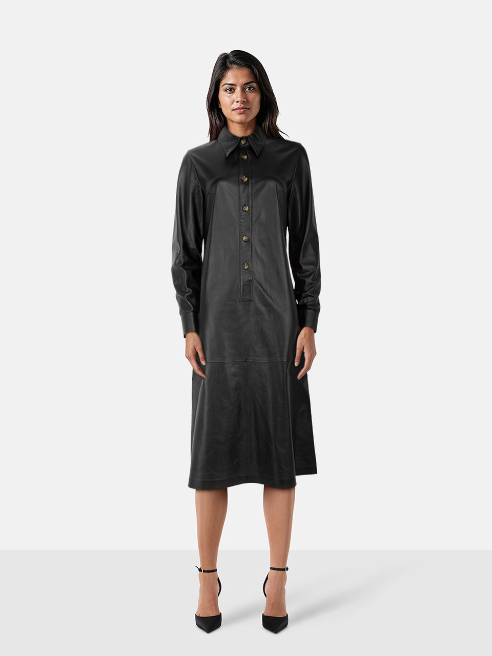 Dodo Bar Or Black Leather Button Down Midi Dress